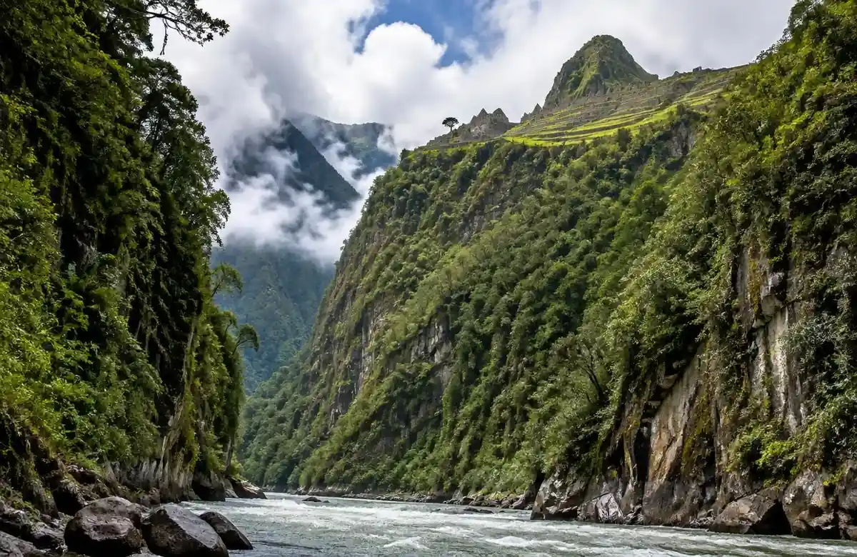 Machu Picchu terraces on a high ridge, showing the elevation above the Urubamba valley