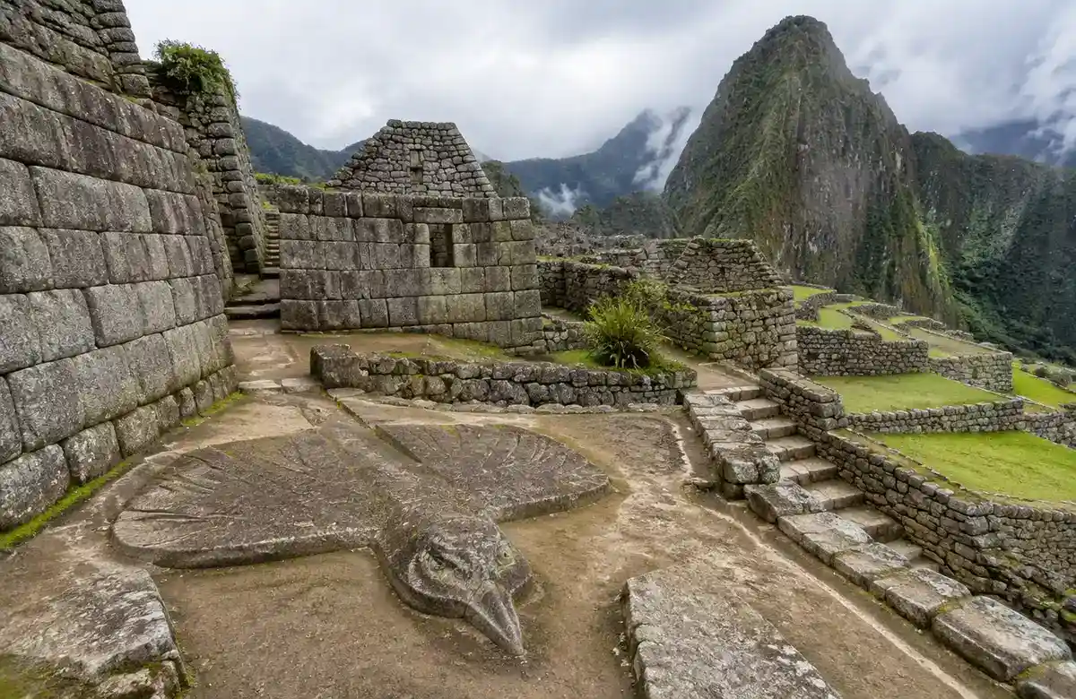 Temple of the Condor carved stone in the lower sector of Machu Picchu