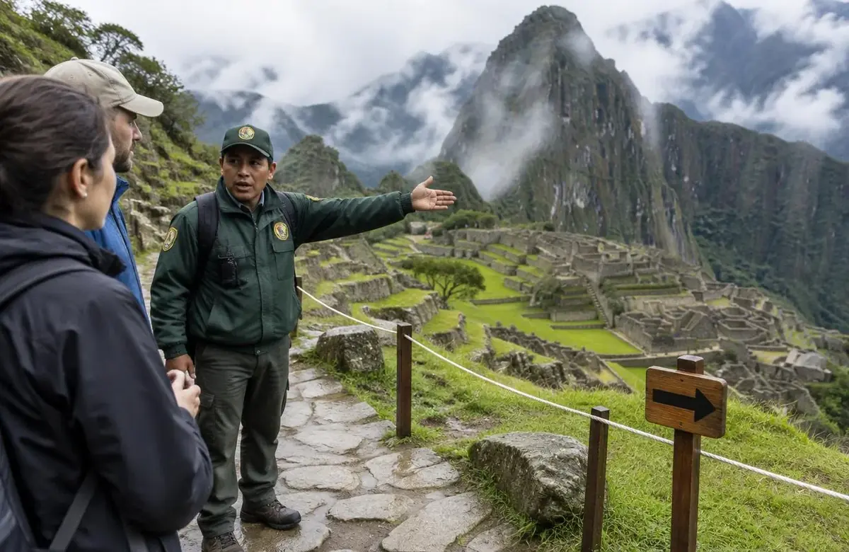 Park guard explaining Machu Picchu rules to visitors beside a one-way route sign