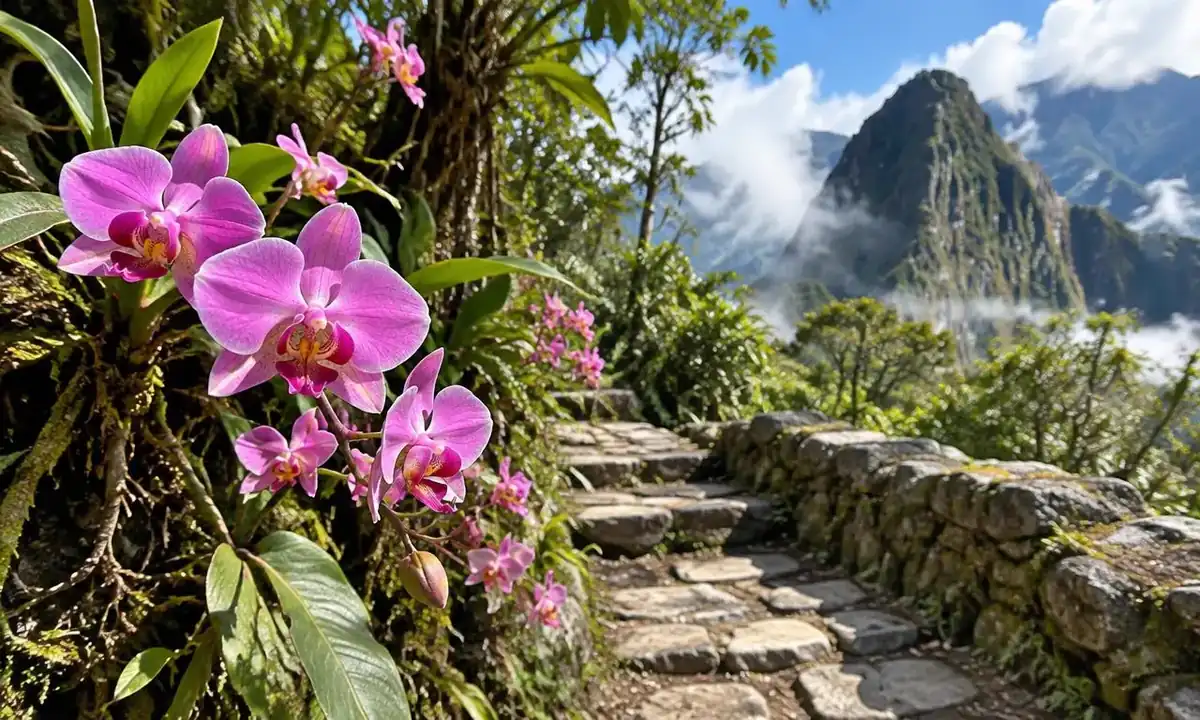 Orchids flowering beside an Inca stone path near Machu Picchu in September