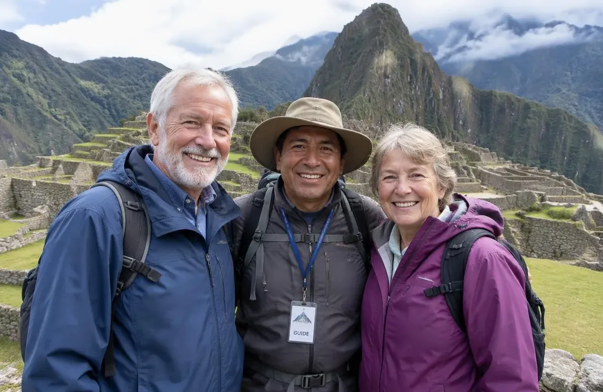 Senior couple with a local guide enjoying the view on a Machu Picchu tour