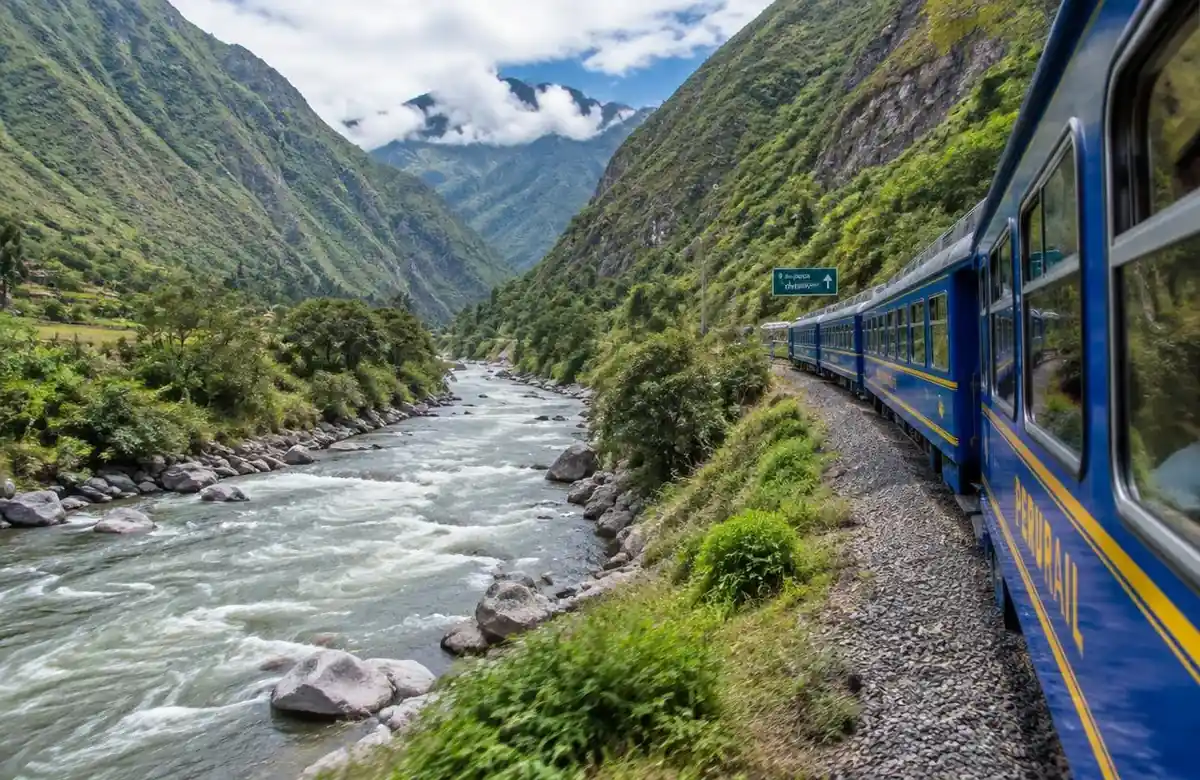 Train beside the Urubamba River on a Machu Picchu tour starting from Lima