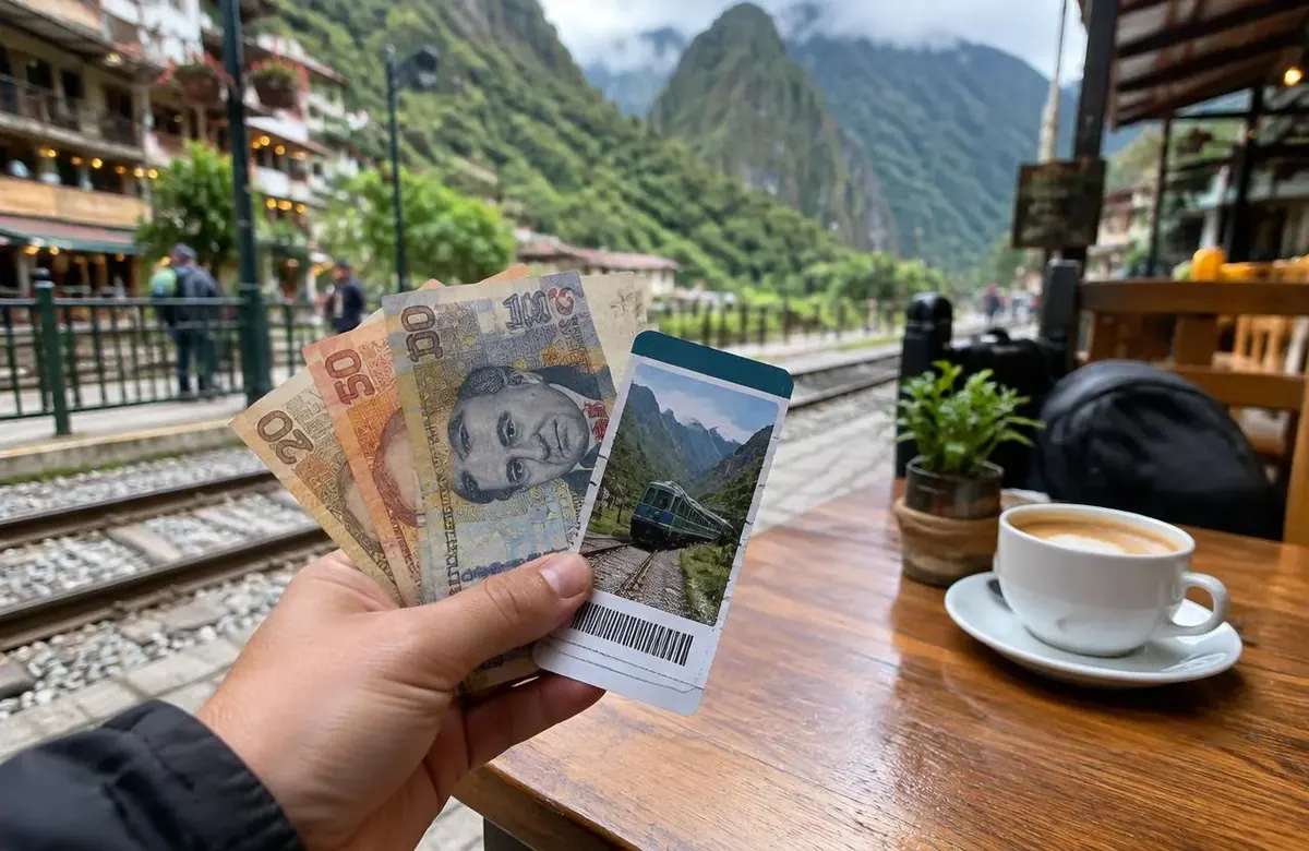 Traveler holding Peruvian soles and a train ticket while budgeting a Machu Picchu trip