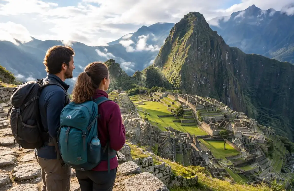 Couple looking over the Machu Picchu ruins during a Peru vacation package