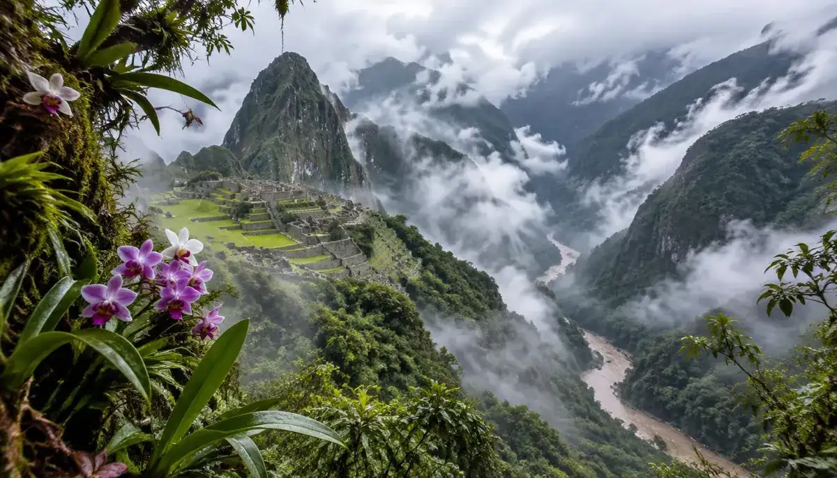 Mist rising from the Urubamba canyon around Machu Picchu, showing its humid cloud forest climate