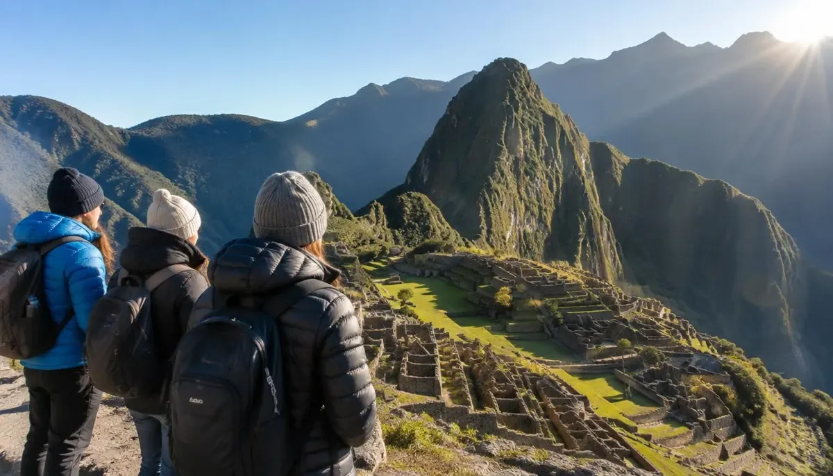 Travelers in down jackets on a cold clear dry season morning at Machu Picchu