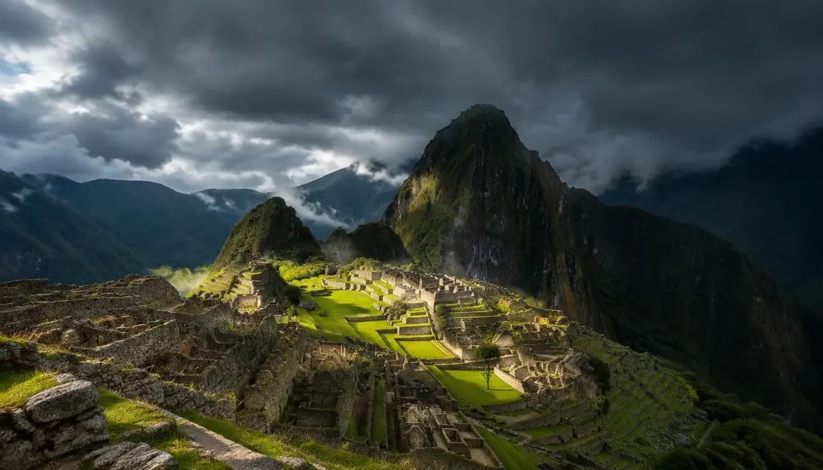 Dark rain clouds over Machu Picchu and Huayna Picchu during the rainy season