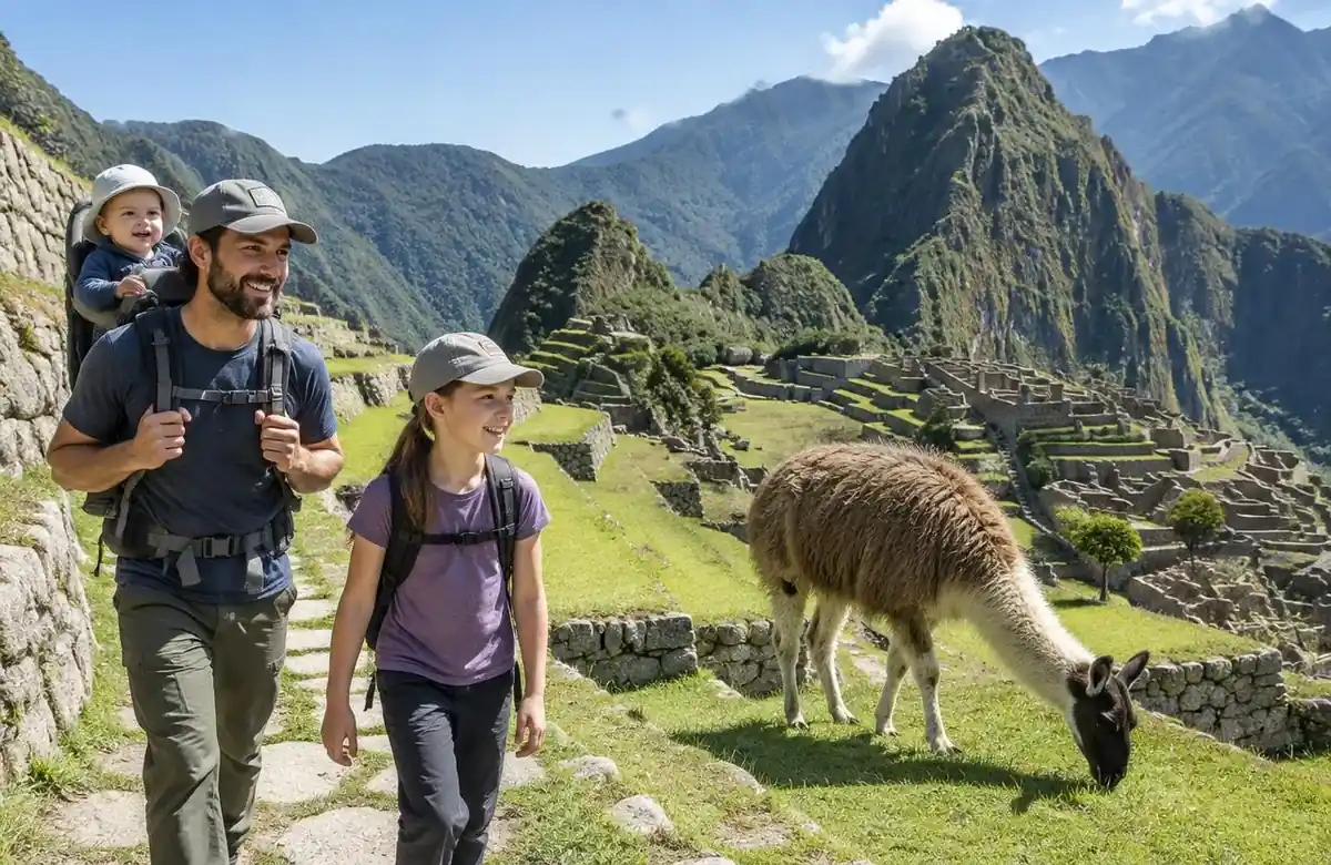 Family visiting Machu Picchu with kids, a baby in a carrier near a grazing llama