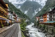 Aguas Calientes, Peru, with railway tracks and colorful hotels along the Urubamba River