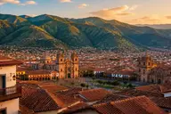 Cusco, Peru, historic center at sunset with the Cathedral and red tile roofs