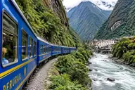 Scenic train following the Urubamba River on the rail route from Ollantaytambo to Aguas Calientes