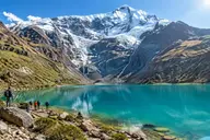 Turquoise Humantay Lake below the glacier of Humantay peak on a tour from Cusco