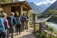Hikers showing Inca Trail permits and passports at the Km 82 control checkpoint