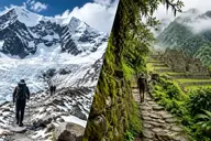 Side by side view of the snowy Salkantay trail and a green Inca Trail path