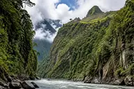 Machu Picchu terraces on a high ridge, showing the elevation above the Urubamba valley