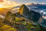 Machu Picchu citadel at sunrise with Huayna Picchu, seen on a day trip from Cusco