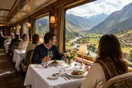 Elegant dining car on a luxury train ride to Machu Picchu through the valley