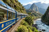 Panoramic train to Machu Picchu running beside the Urubamba River through a green Andean canyon