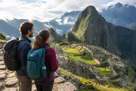 Couple looking over the Machu Picchu ruins during a Peru vacation package