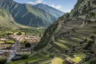 Ollantaytambo ruins with steep stone terraces climbing Temple Hill above the Sacred Valley town