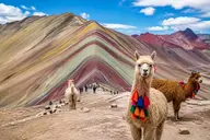 Striped red, gold and turquoise slopes of Rainbow Mountain, Vinicunca, near Cusco