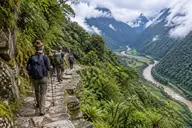 Short Inca Trail stone path through green cloud forest on the way to Machu Picchu