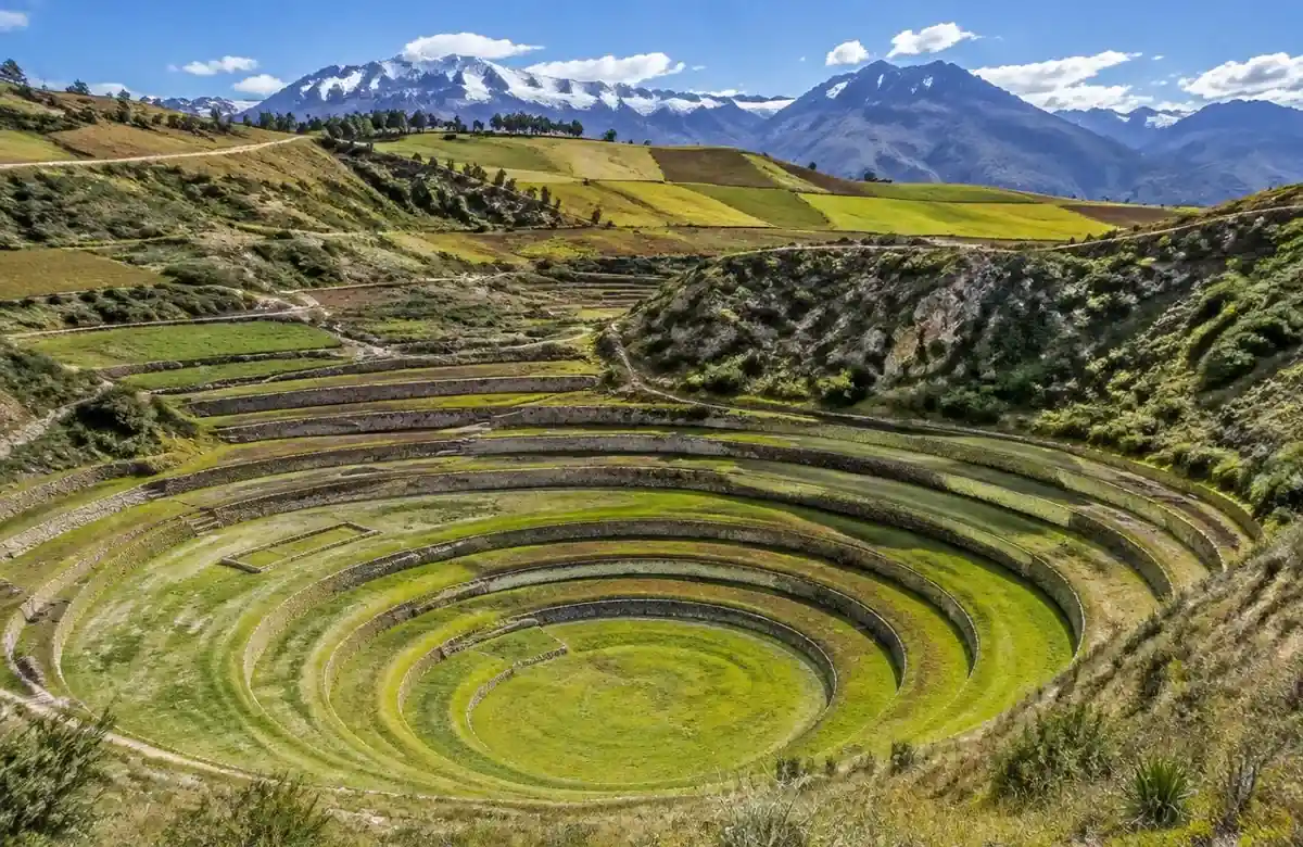 Moray ruins with concentric Inca circular terraces on the high Maras plateau