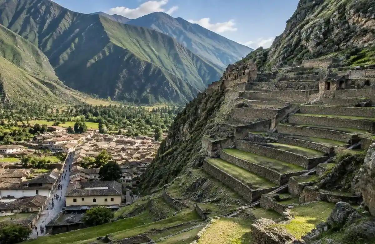 Ollantaytambo ruins with steep stone terraces climbing Temple Hill above the Sacred Valley town