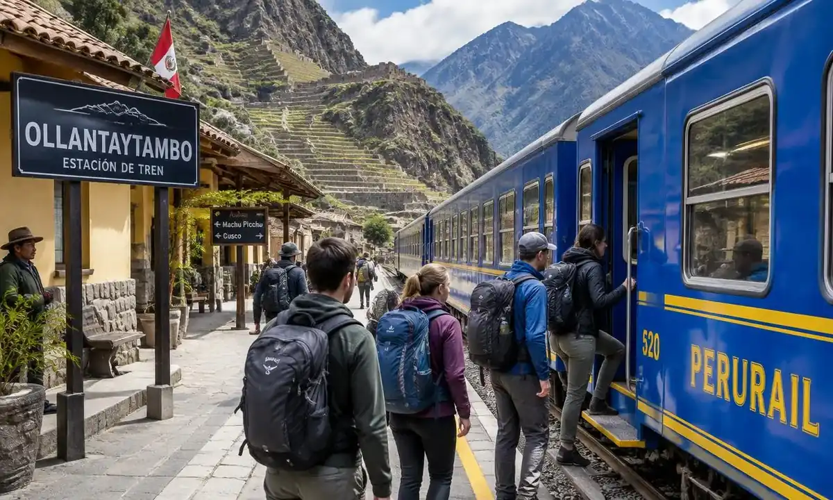 Travelers with small daypacks boarding the train at Ollantaytambo station for Aguas Calientes