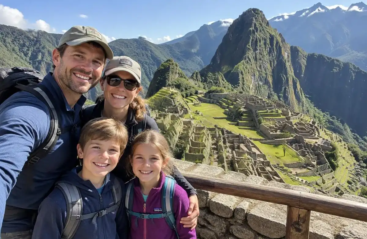 Family with two children at the Machu Picchu viewpoint on a family vacation package