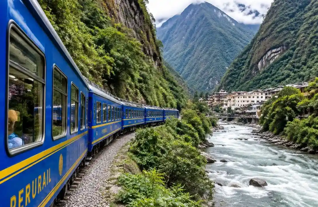 Panoramic train passing the Urubamba river on a luxury machu picchu tour