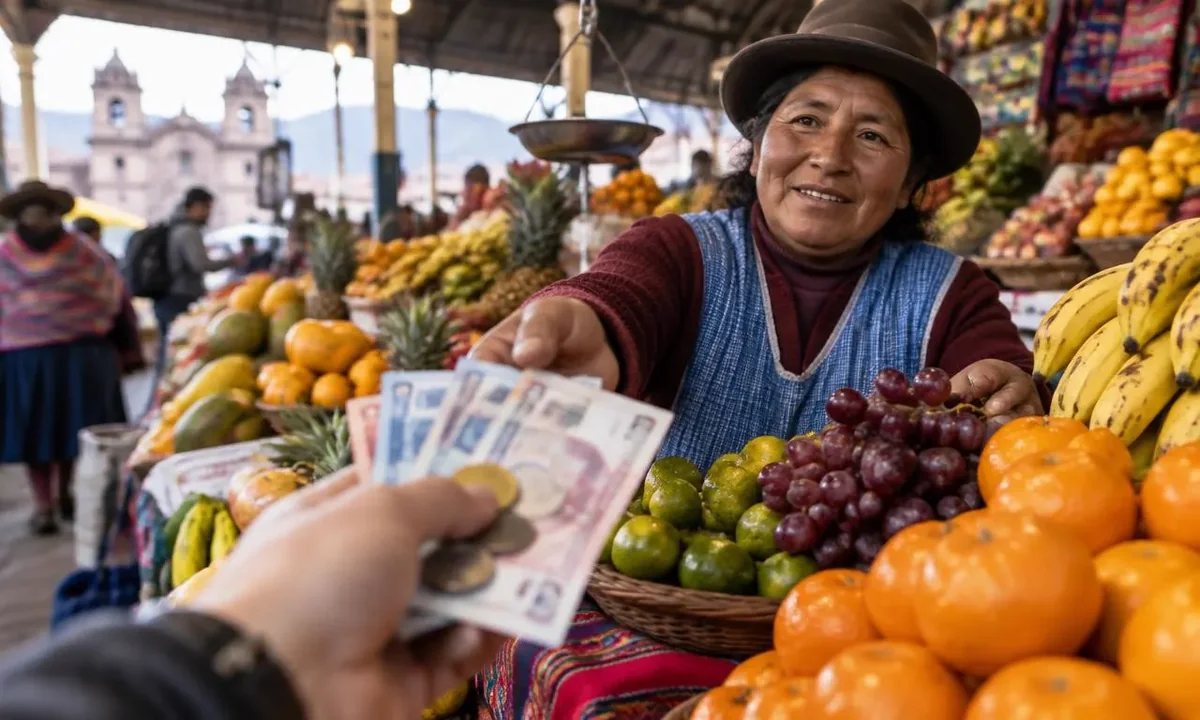 Traveler paying with Peruvian soles at a fruit stall in San Pedro Market, Cusco