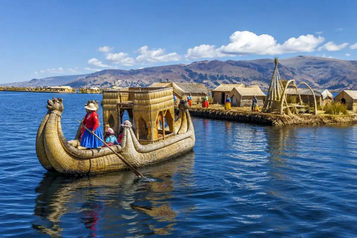 Totora reed boat at the Uros floating islands on Lake Titicaca near Puno, Peru