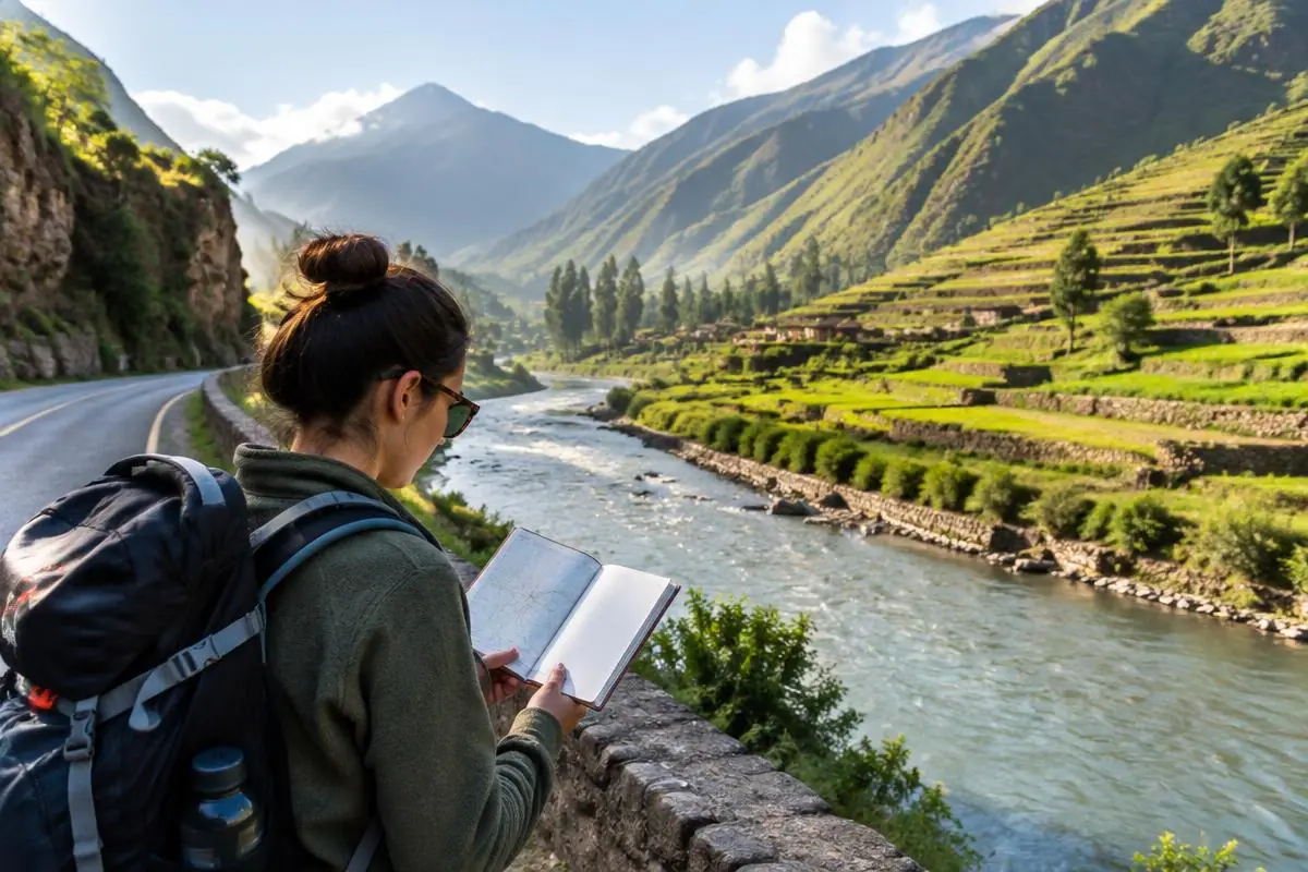 Traveler checking a Peru itinerary notebook beside the Urubamba River in the Sacred Valley