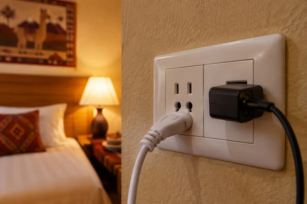 Peru power plug combination outlet in a hotel room accepting flat Type A and round Type C pins