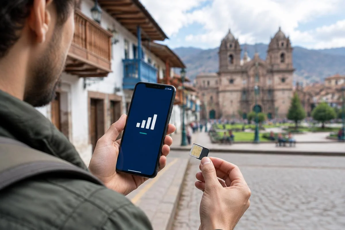 Traveler holding a phone and a Peru SIM card near the Plaza de Armas in Cusco