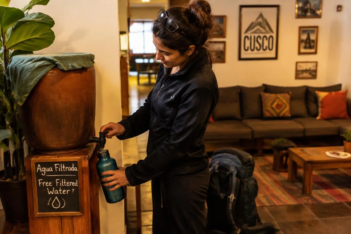 Traveler refilling a bottle with filtered water in a Cusco hostel instead of Peru tap water