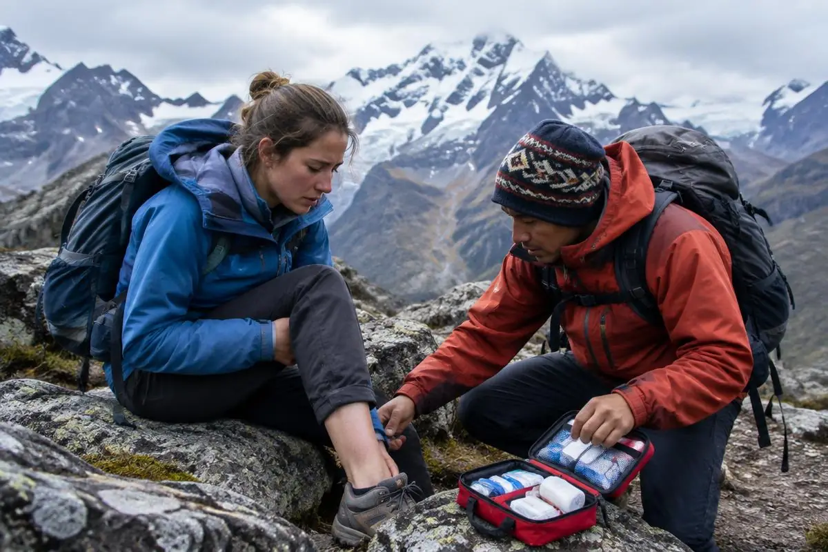 Guide giving first aid to a trekker on a high Andes pass, a reason for Peru travel insurance