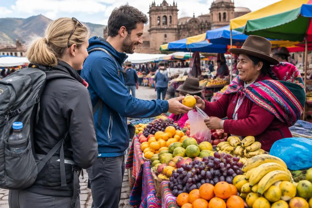Travelers buying fruit from a vendor at a Cusco market, a common Peru travel tips moment
