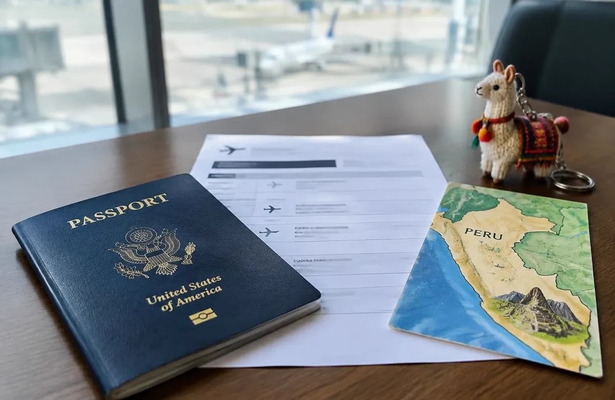 US passport and return flight itinerary ready for peru entry requirements check