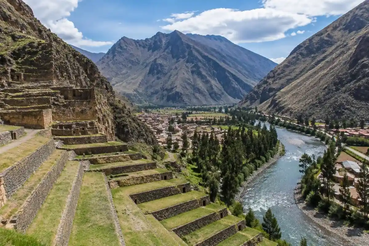 Green Inca terraces and Urubamba River views on a Sacred Valley tour from Cusco