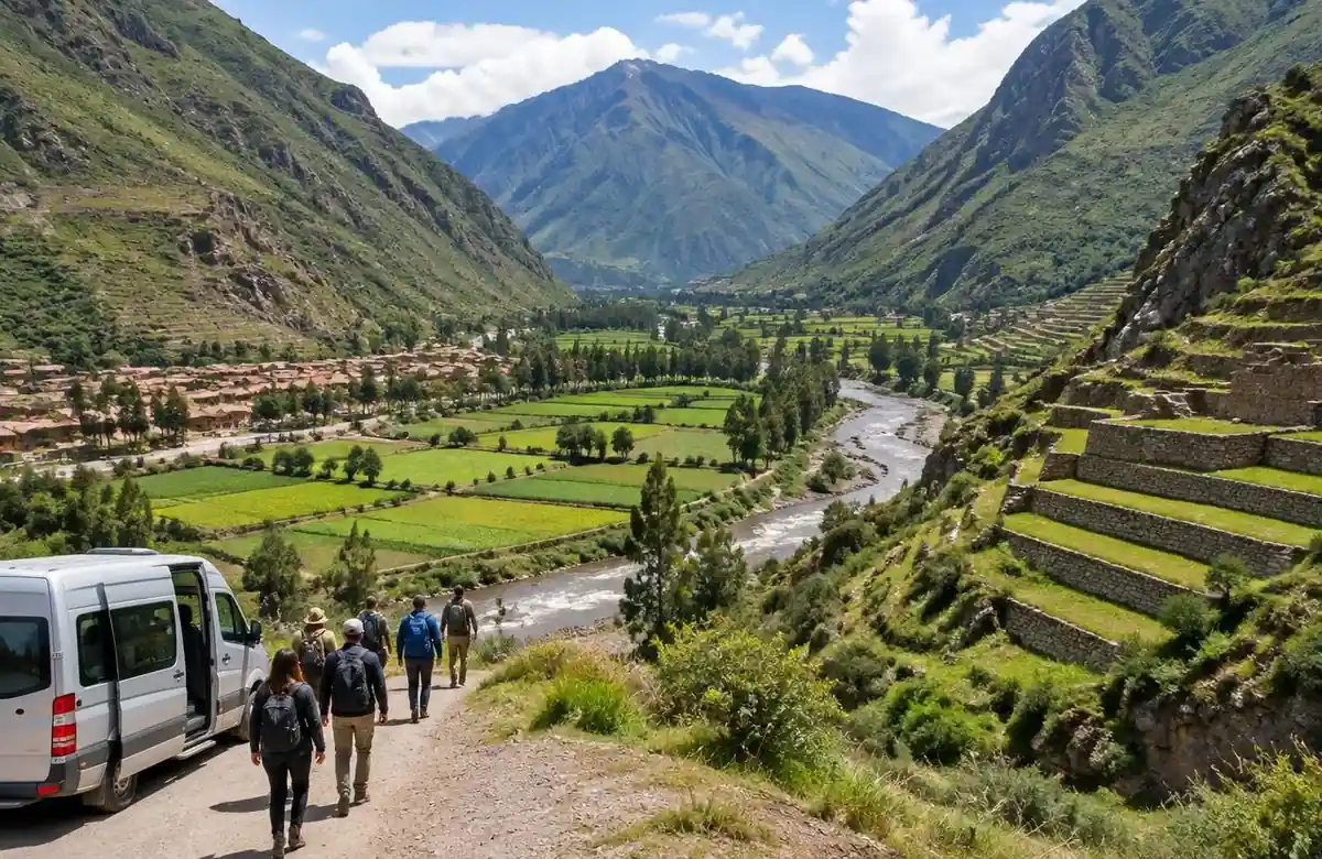Travelers arriving in the Sacred Valley near Ollantaytambo after flying from Lima