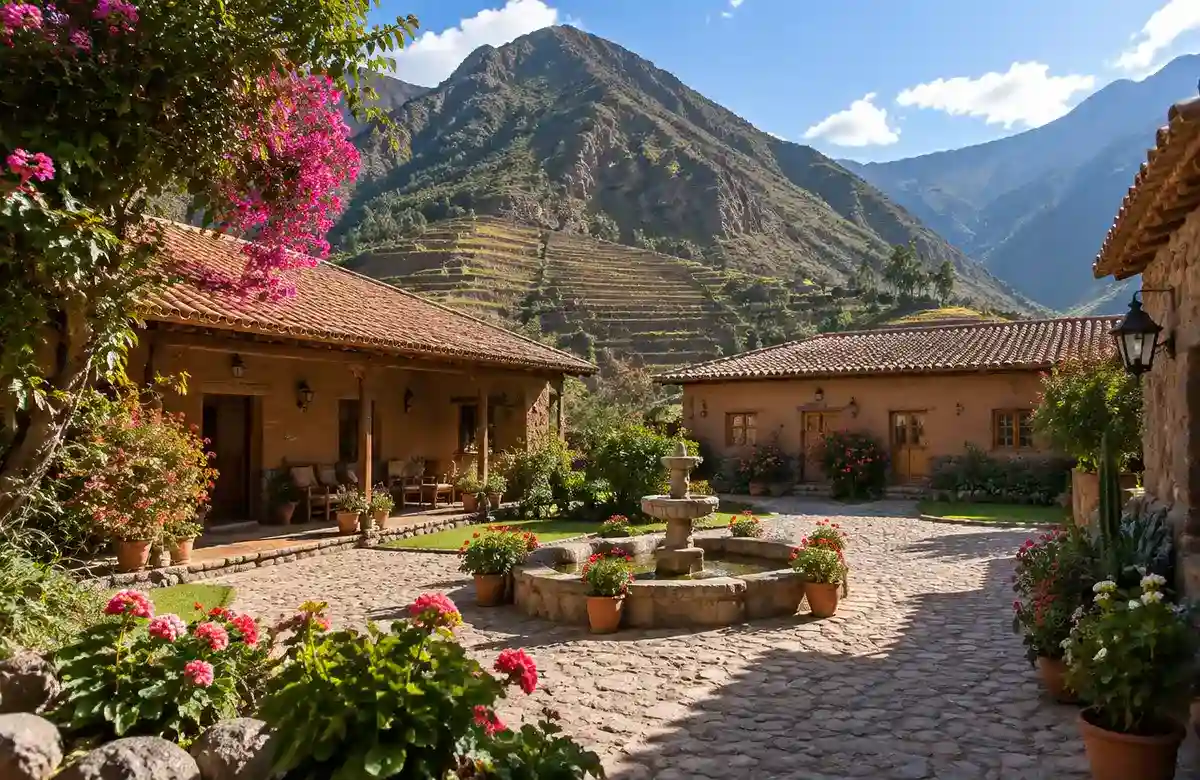 Sacred Valley hotel courtyard near Ollantaytambo with Inca terraces and Andes peaks