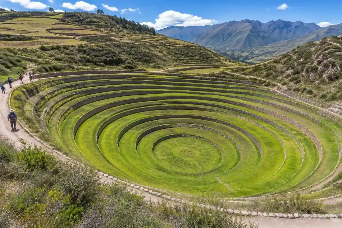 Concentric green Inca terraces of Moray visited on a sacred valley tour from Cusco