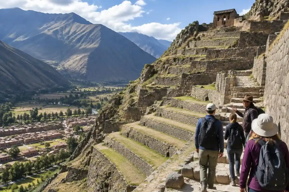 Tour group climbing Ollantaytambo terraces on a sacred valley full day tour