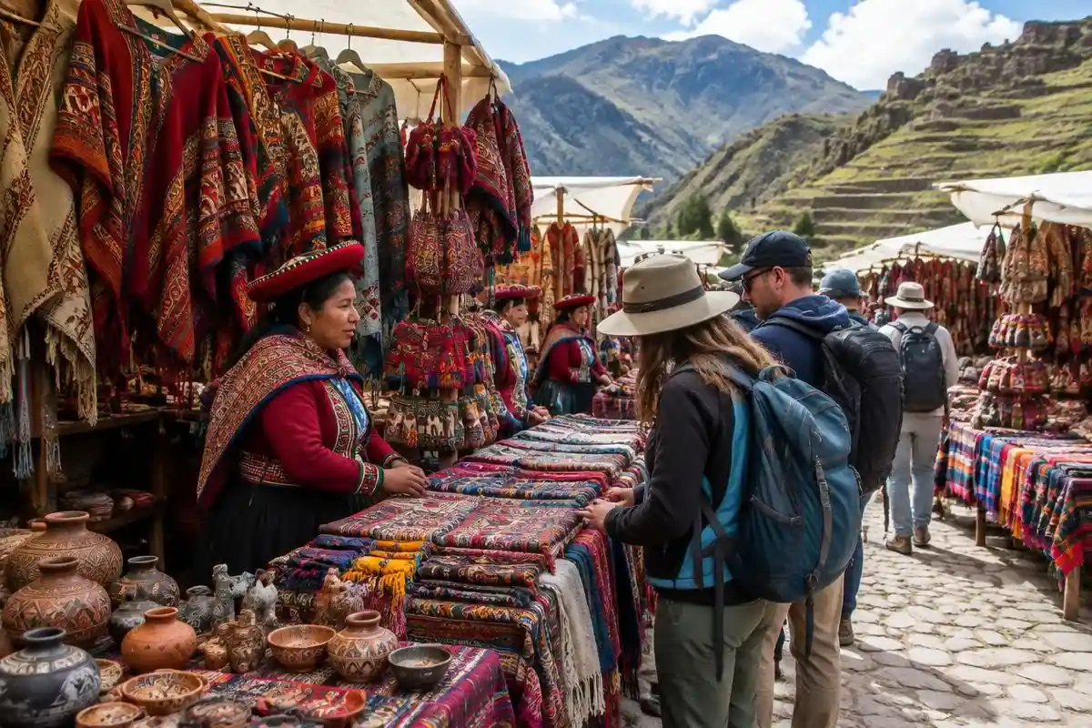 Colorful textiles at the Pisac artisan market on a tour to sacred valley