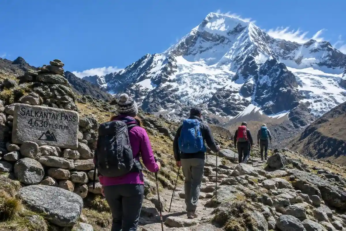 Hikers on the rocky Salkantay trail climbing to the 4,630 m Salkantay Pass