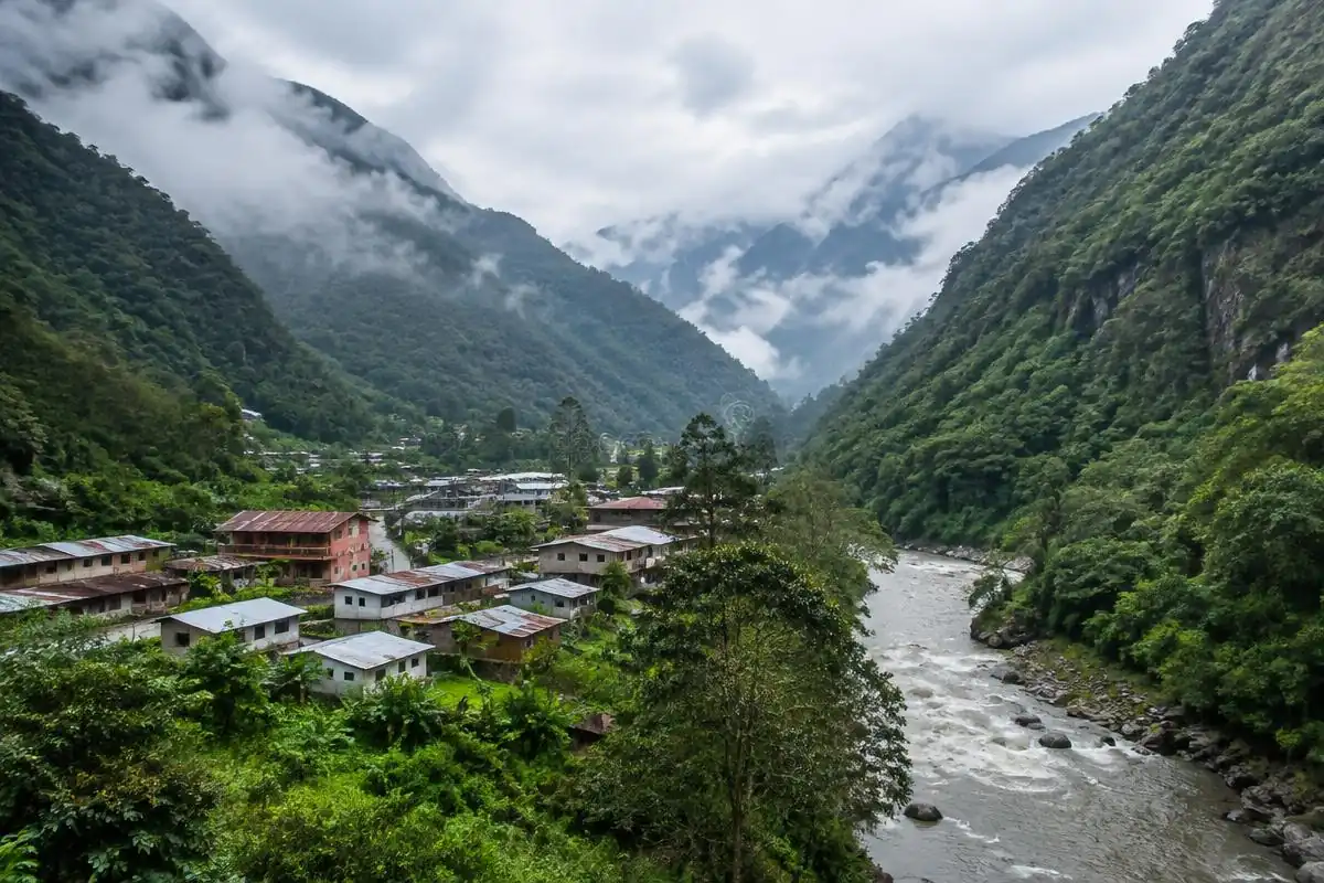 Santa Teresa Peru town beside the Urubamba River surrounded by cloud forest mountains