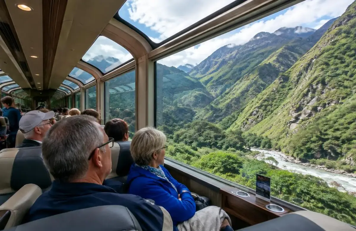 Older travelers enjoying mountain views from the Vistadome train on a senior machu picchu tour