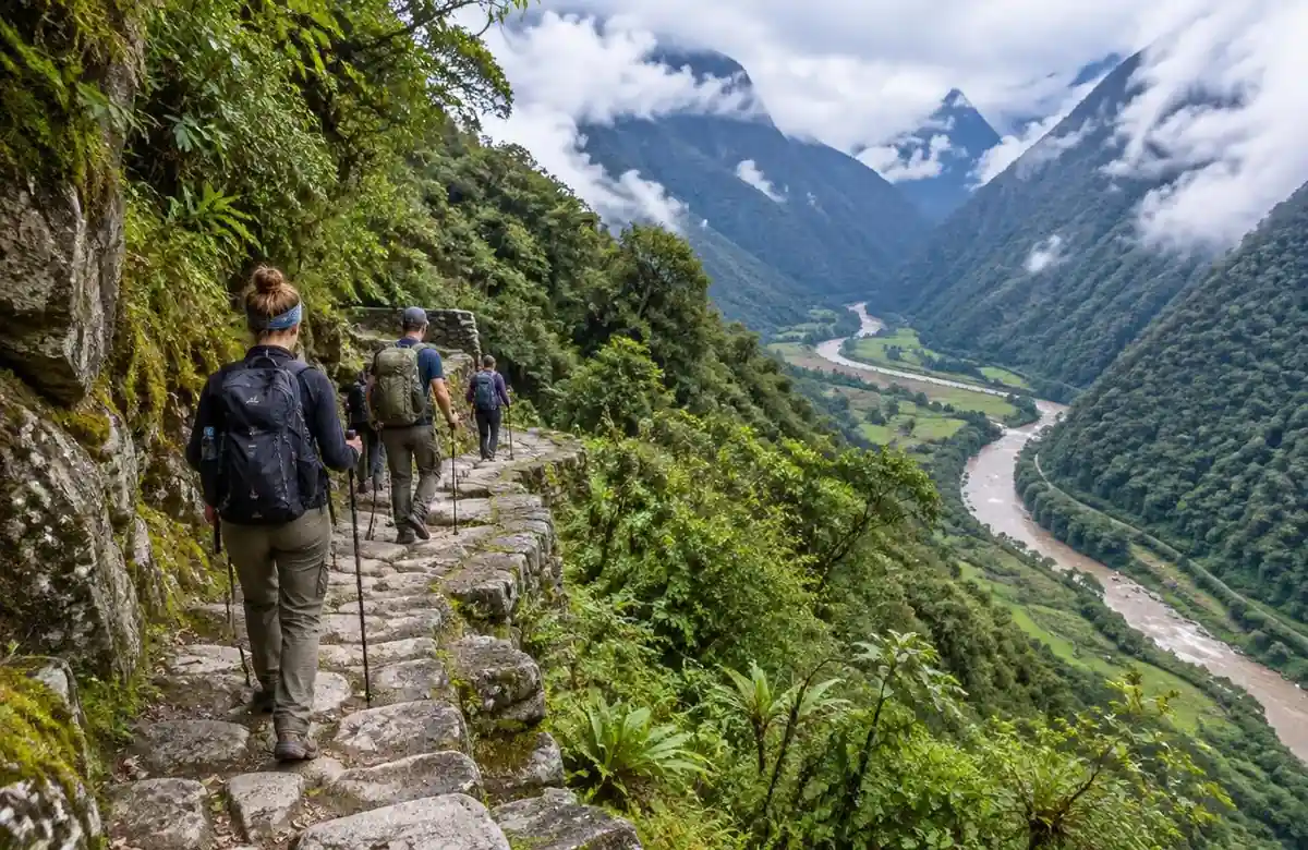 Short Inca Trail stone path through green cloud forest on the way to Machu Picchu